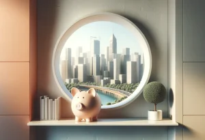 Piggy bank on a windowsill overlooking a cityscape