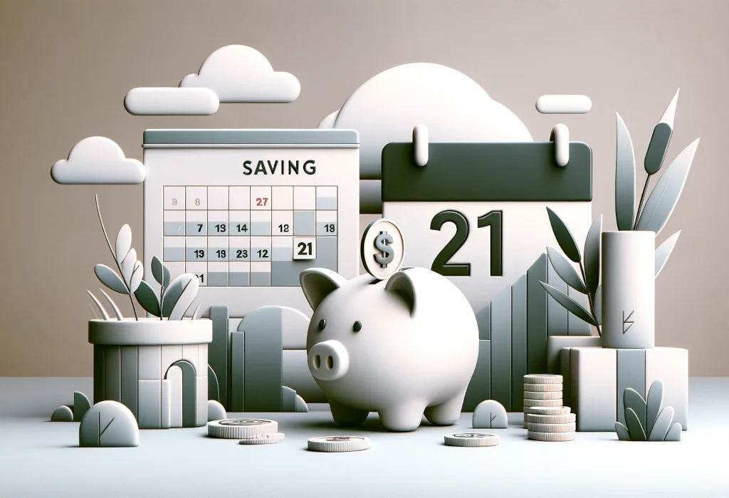 Piggy bank, calendar with 21, and American currency symbols