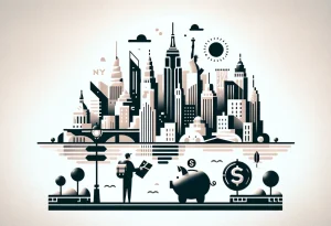 Tourist with map viewing minimalist NYC skyline and piggy bank