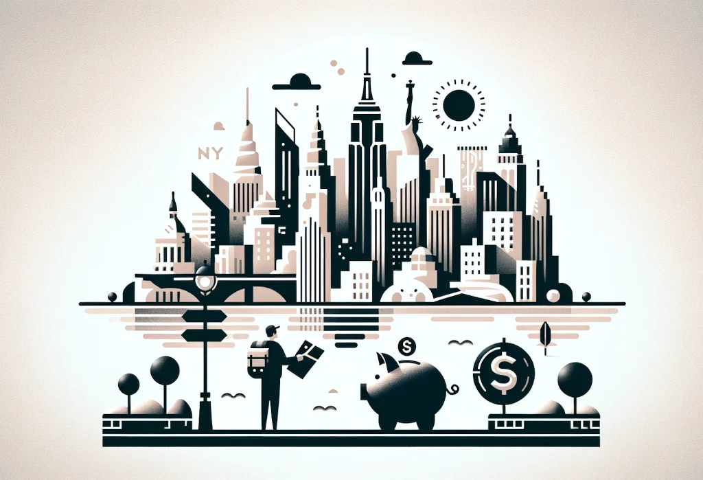 Tourist with map viewing minimalist NYC skyline and piggy bank