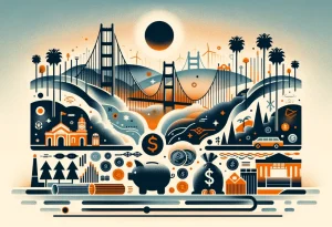 Silhouette of California with piggy bank and Golden Gate Bridge