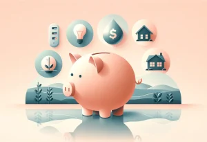 Piggy bank on windowsill with symbols for household expenses