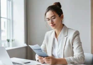 a woman sitting at a desk with a laptop and a notebook in front of her