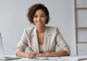 a woman sitting at a desk with a laptop and papers in front of her