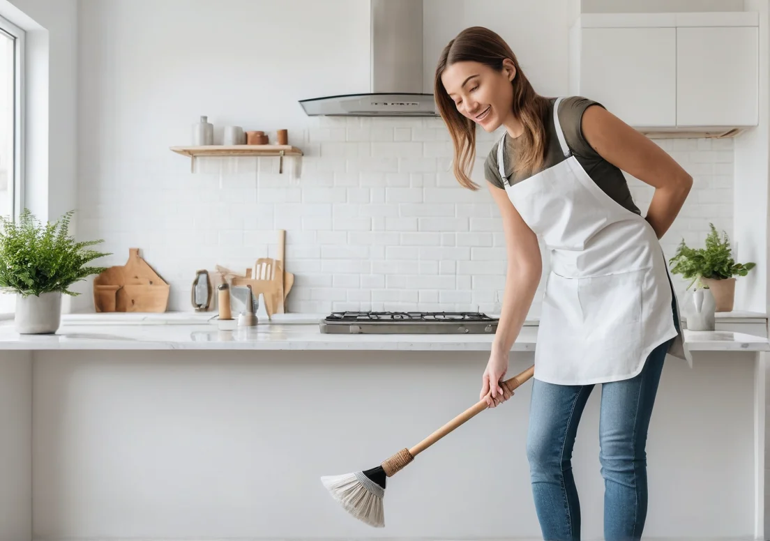 a woman sweeping the floor with a broom in her kitchen stock photo - premium royalty