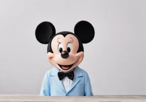 a person in a suit and bow tie sitting at a table with a mickey mouse head