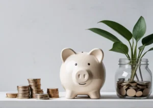 a pig and coins on a table with a plant in a jar of coins