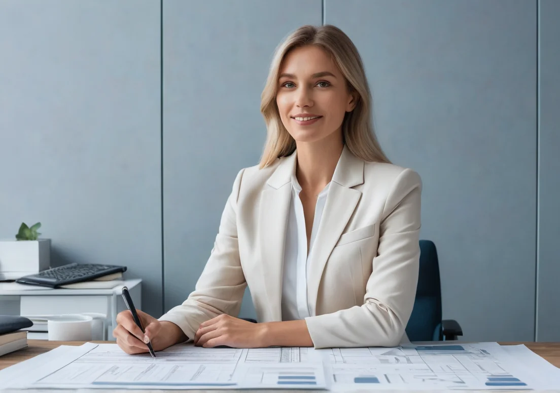 a woman sitting at her desk in front of a blue wall and looking at the camera