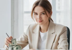 a woman sitting at a desk with money and a pen in her hand