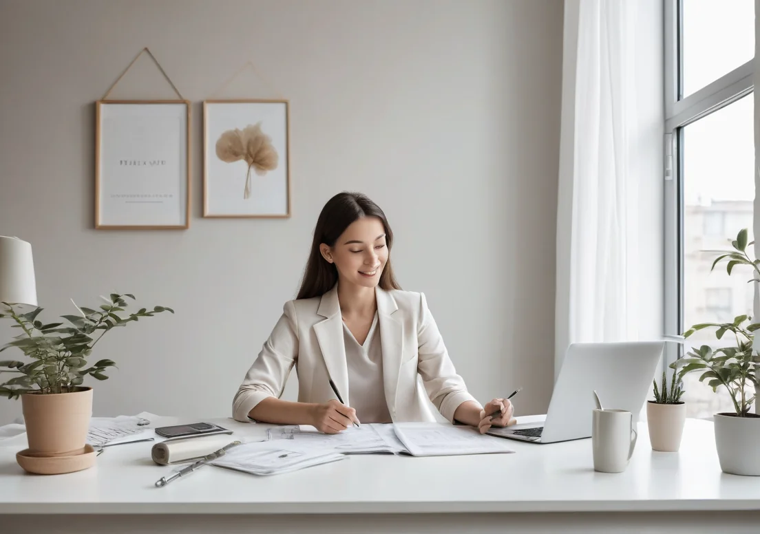 a woman sitting at her desk with a laptop and papers in front of her