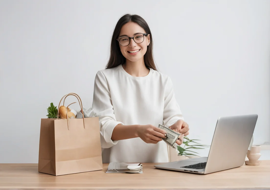 a woman sitting at a table with her laptop and shopping bags in front of her