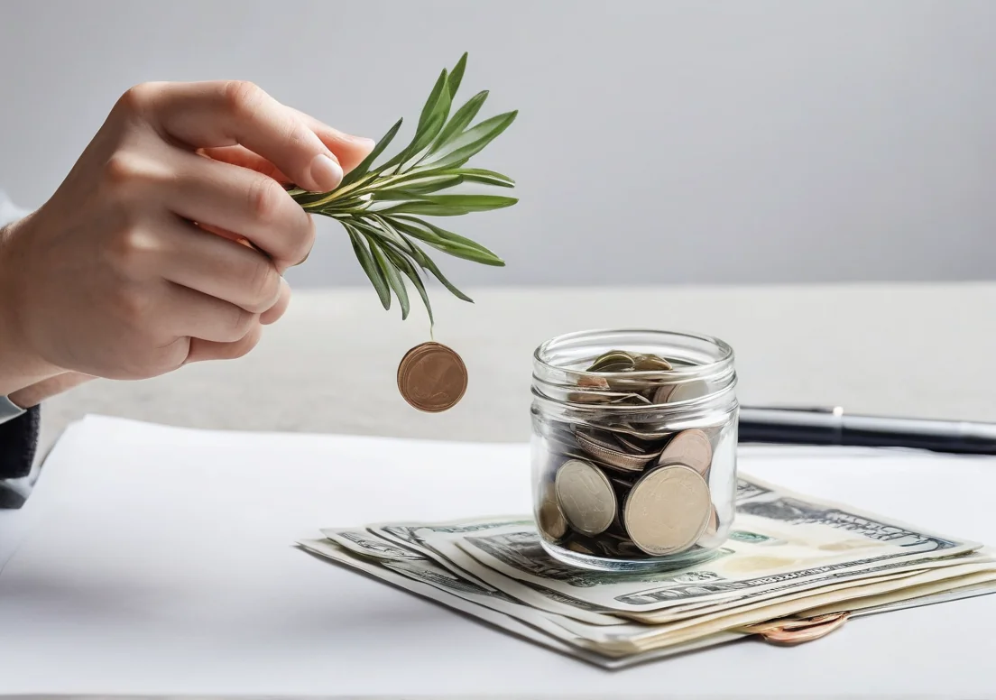 a person putting a coin into a glass jar filled with coins and money