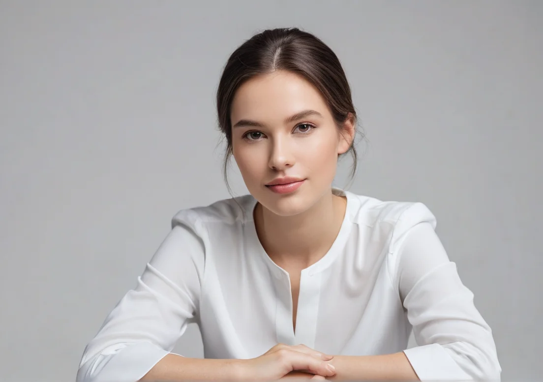 a woman sitting at a table with her hands on her chins and looking at the camera