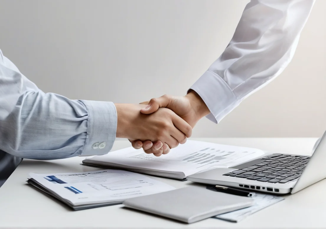 two people shaking hands in front of a laptop and papers on a desk