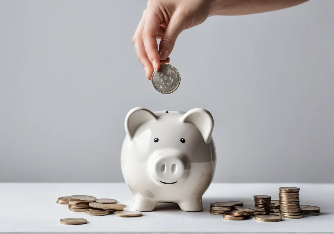 a hand putting a coin into a piggy bank, with a stack of coins in the background