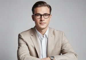 a man in a suit and glasses sitting at a table with his arms crossed