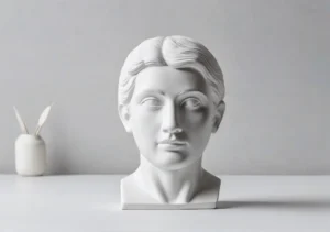 a white sculpture of a woman's face on a table with a vase in the background