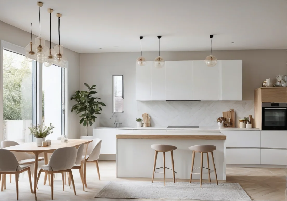 a kitchen with white cabinets and a dining table in the middle of the room