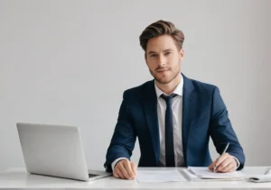 a man in a suit sitting at a desk with a laptop and papers