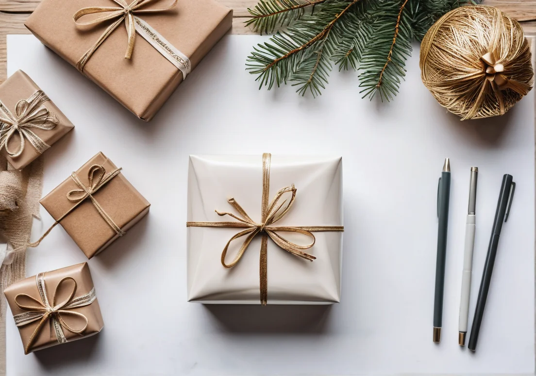 christmas presents on a white table with gold and brown wrappings and a green branch