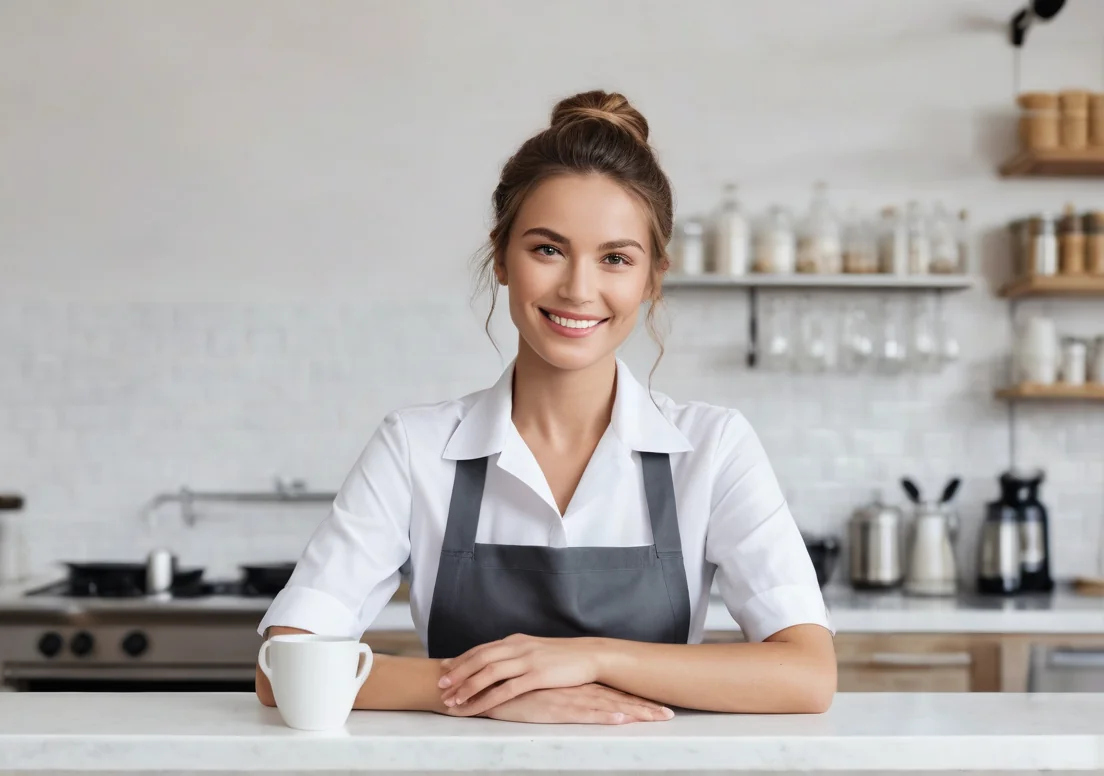 a woman in an apron standing at the counter with a cup of coffee