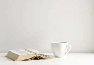 a cup of coffee and a book on a white table with a white wall in the background