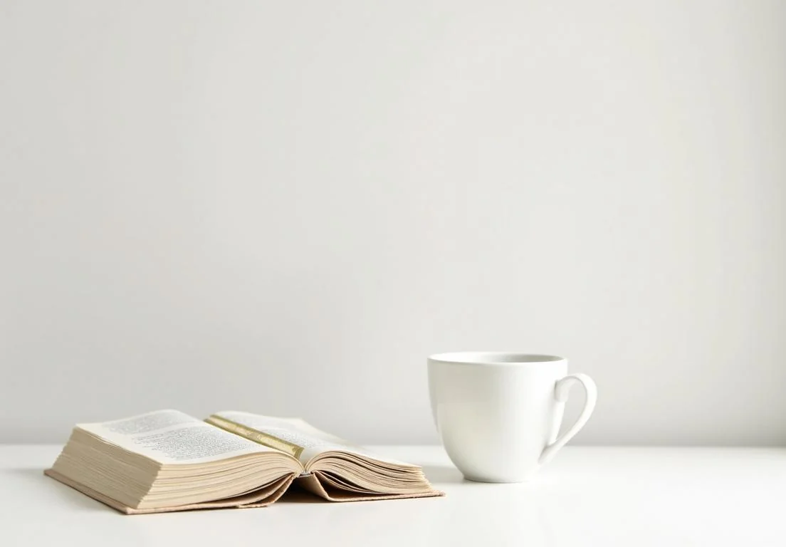 a cup of coffee and a book on a white table with a white wall in the background