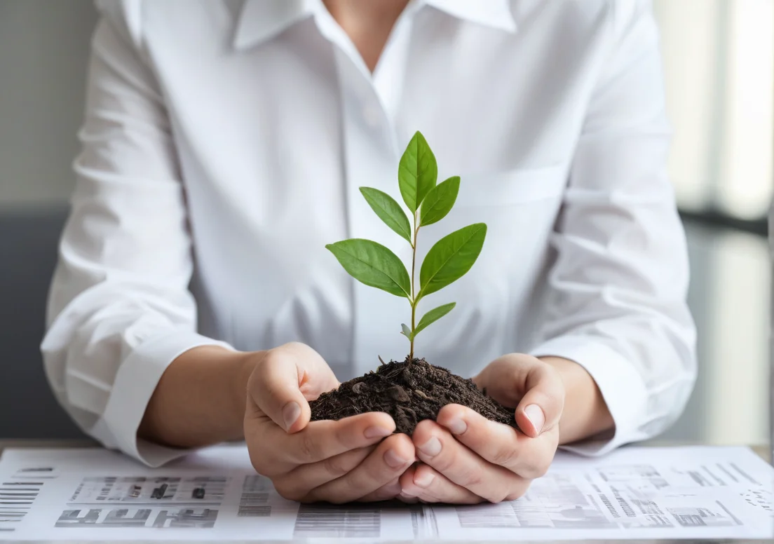 a woman holding a plant in her hands, with a newspaper in the background