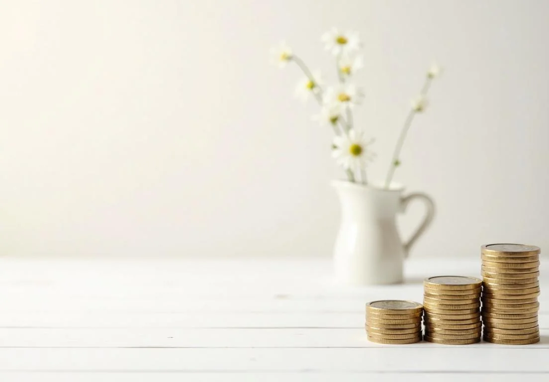 a stack of coins next to a white vase with flowers in the background