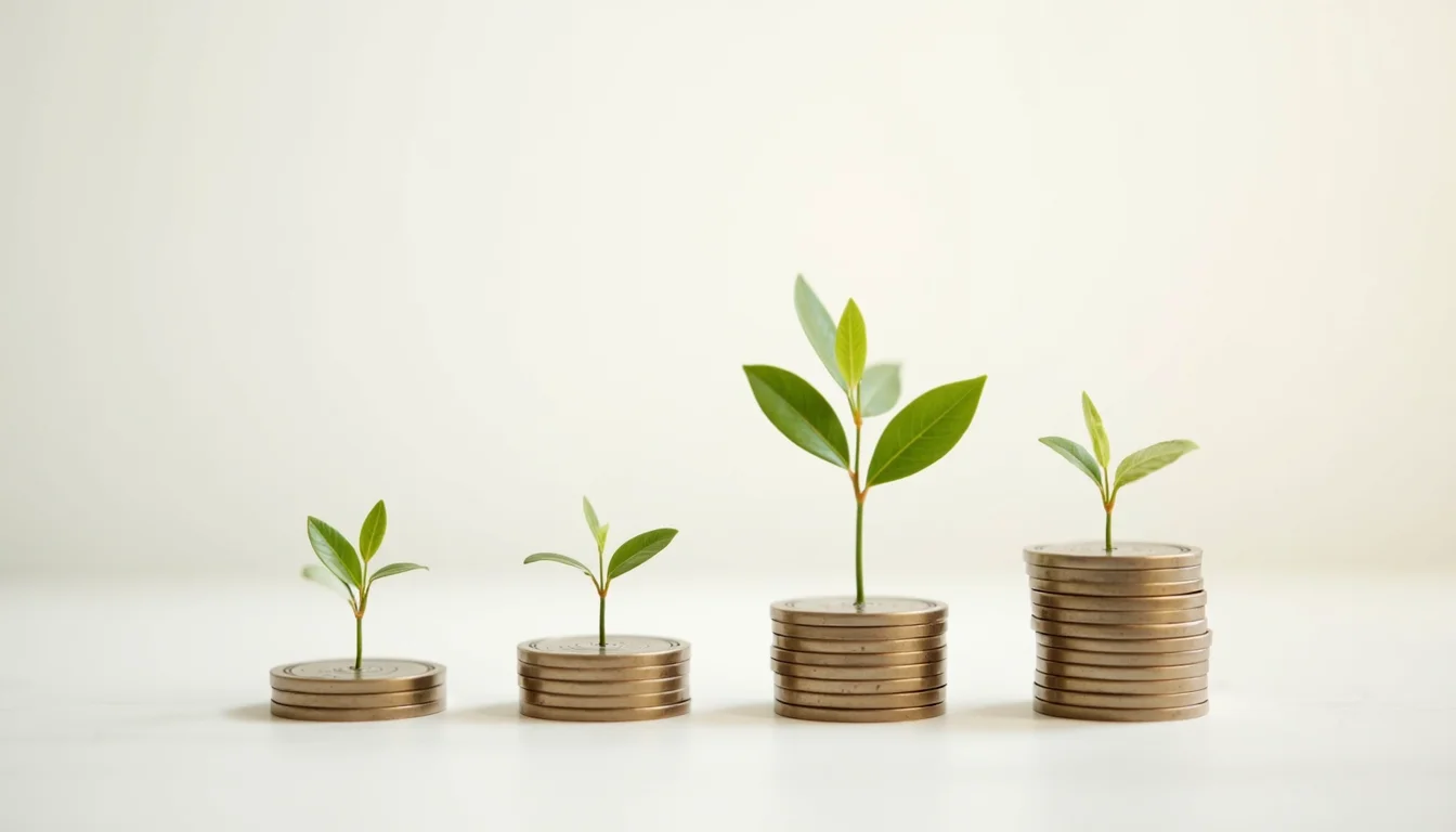 four coin columns with seeds growing out of them