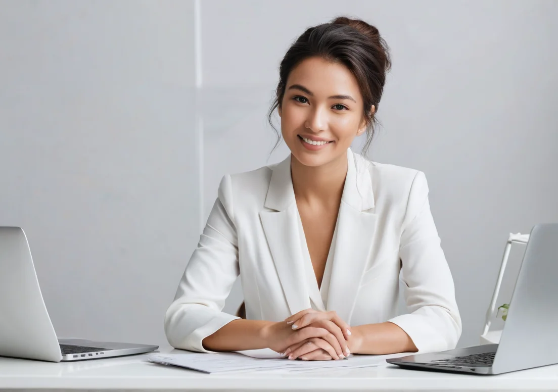 a woman sitting at a desk in front of a laptop computer and smiling