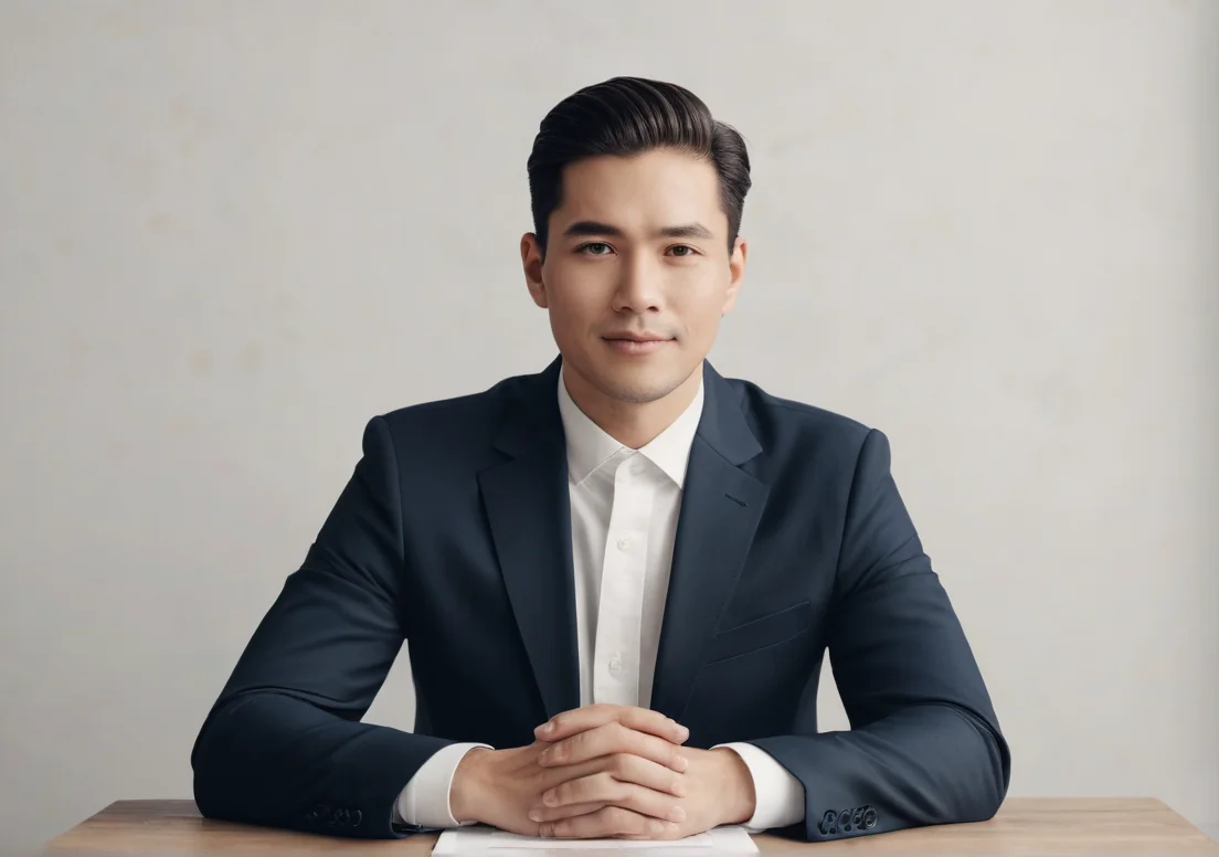 a man in a suit sitting at a table with his hands folded out