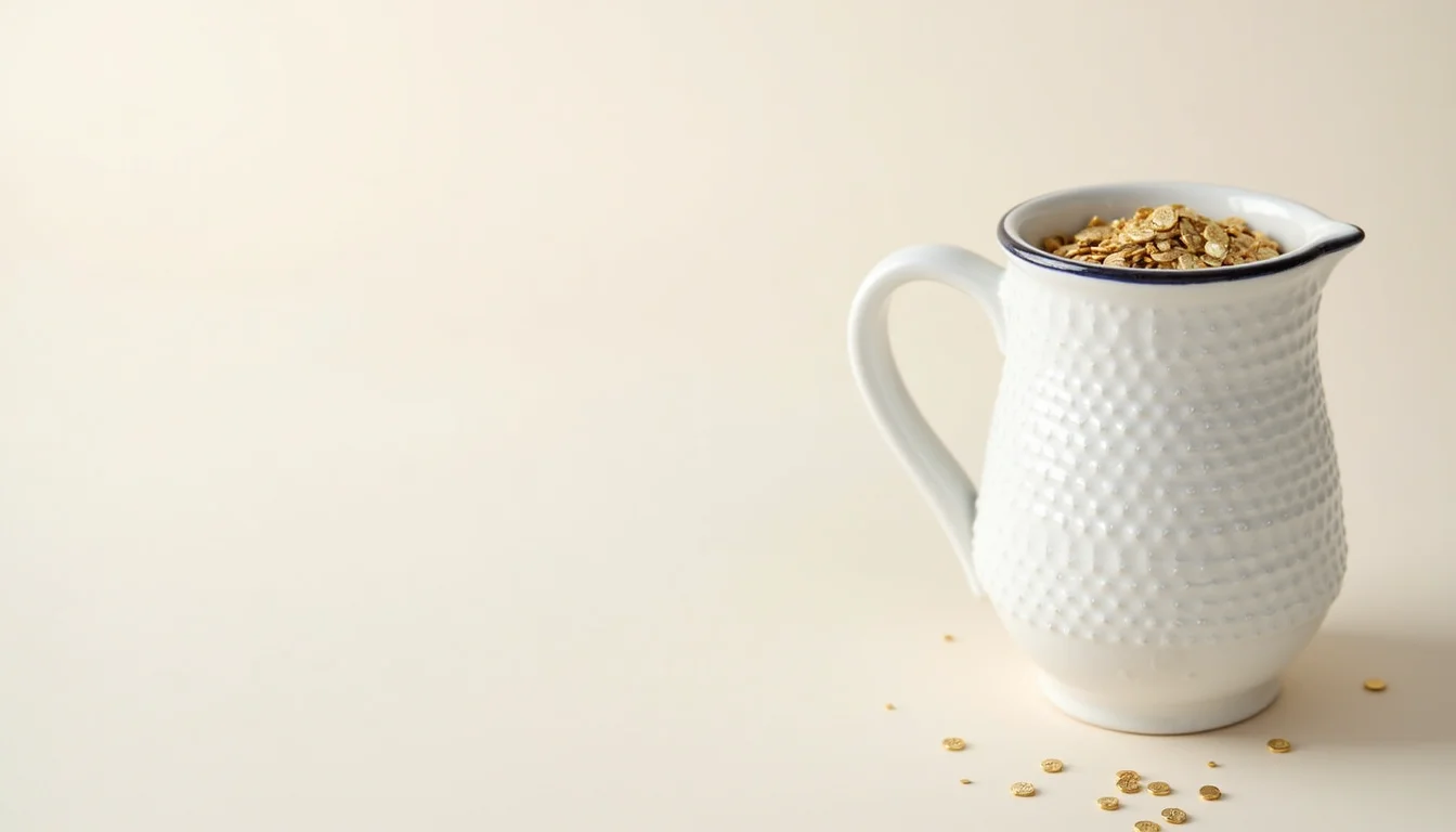 a white jug filled with gold nuggets indicating wealth