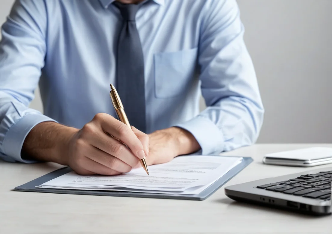 a man in a blue shirt and tie writing on a piece of paper