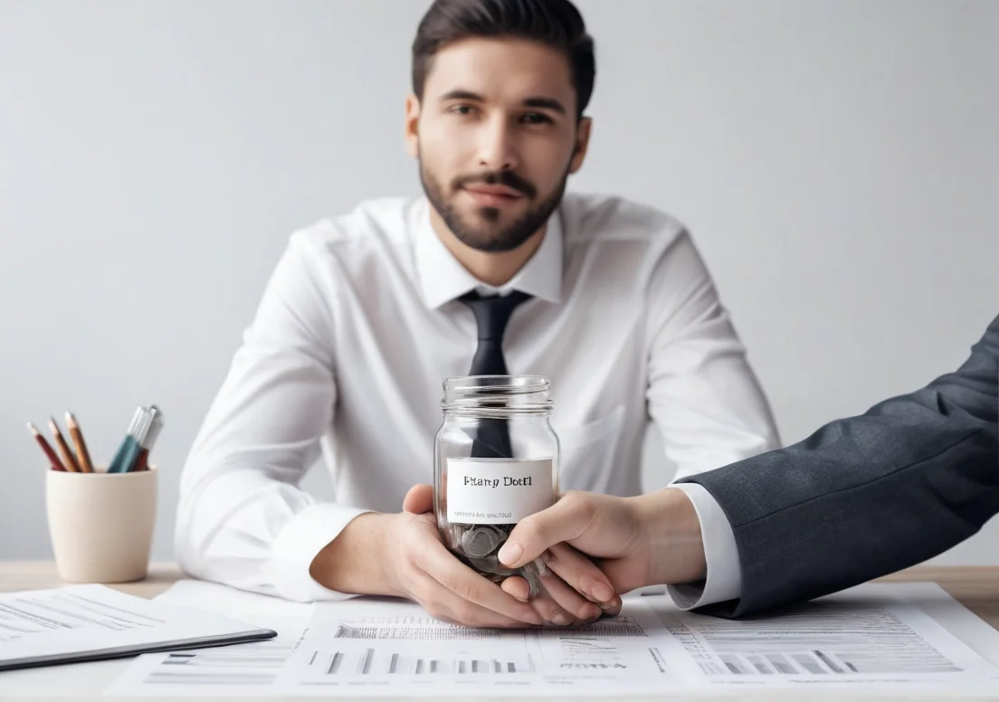 a man in a white shirt and tie sitting at a desk with a jar of money