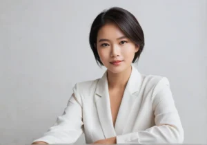 a woman in a white suit sitting at a table with her arms crossed