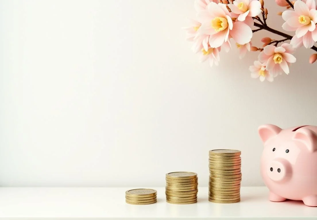 piggybank next to rows of coin on a light background