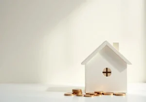 a white house with coins on the floor in front of a white wall