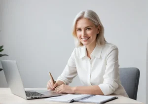 a woman sitting at her desk with a laptop and pen in front of her