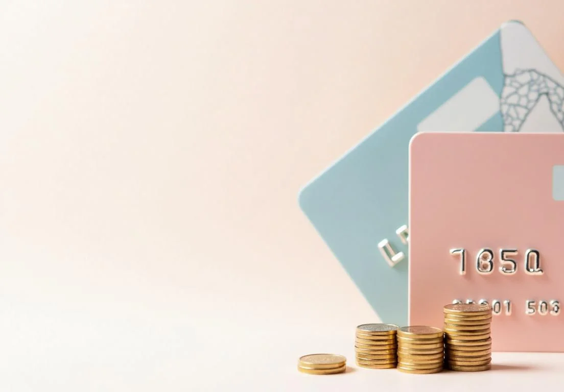 a pink credit card next to a stack of coins on a pink background