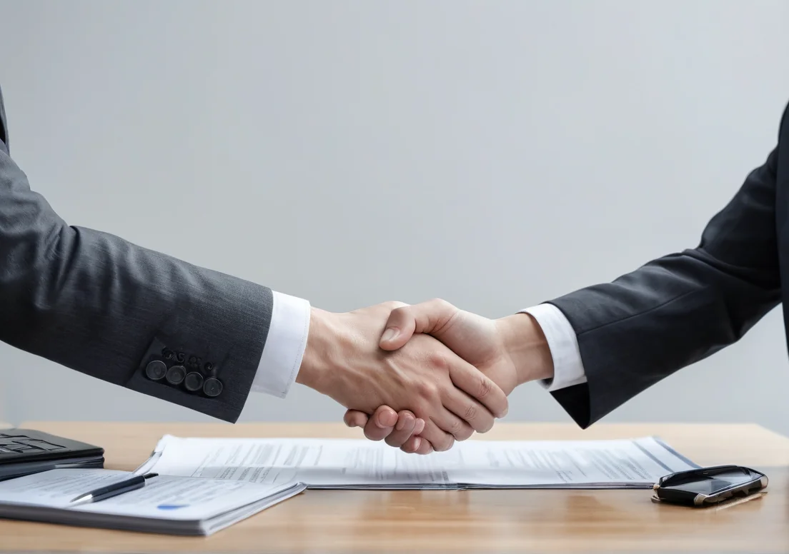 two business men shaking hands over a contract on a desk in an office