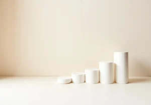 three white vases sitting on a white table with a beige wall in the background