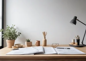 a wooden desk with a lamp, books and a plant on top of it