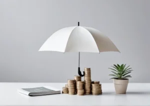 a white umbrella sitting on top of stacks of coins next to a plant