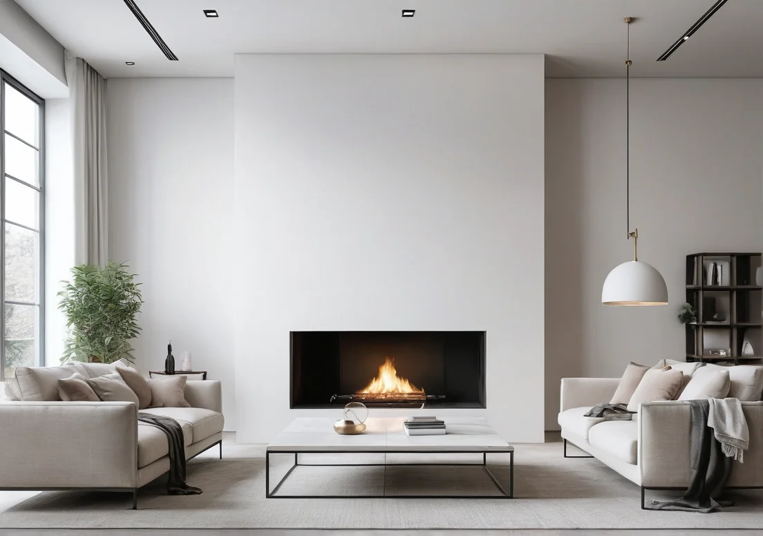 a modern living room with white walls and a fireplace in the middle of the room