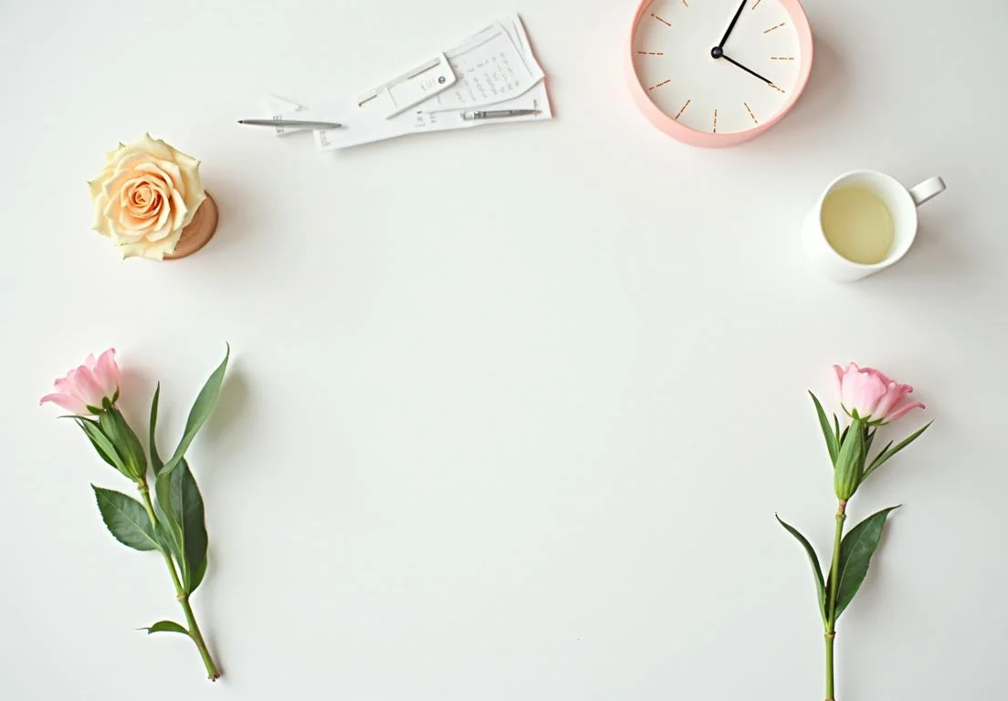 a clock, flowers and a cup on a white surface with a white background