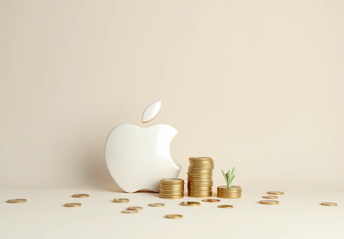 Apple logo surrounded by stacks of gold coins with a green plant growing out of one of the stacks.