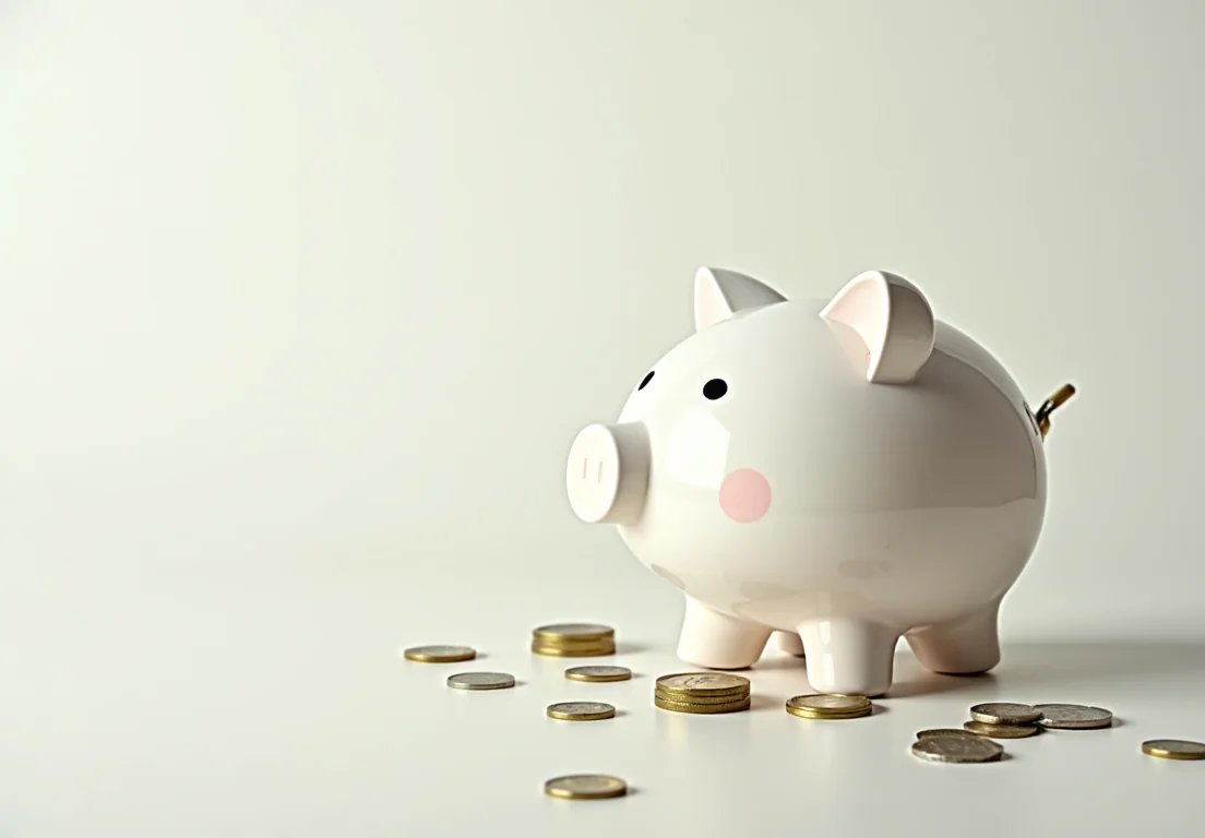 A white piggy bank with a pink snout sits on a white surface with some coins scattered around it.