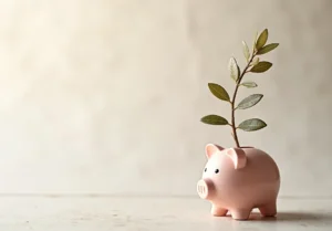 A pink piggy bank with a plant growing out of it.