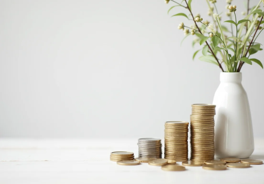 A vase with flowers and a stack of coins in front of it on a white table.